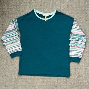 Girls Matilda Jane Lightweight Teal Sweatshirt w/Ruffle Striped Sleeves Size 12